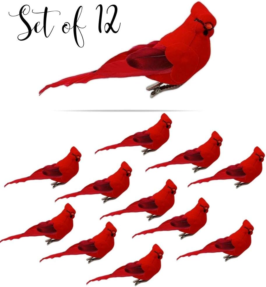 Red Cardinal Clip-On Christmas Tree Ornaments - Set of 12, 5" Long with Flocked Body & Feathered Wings