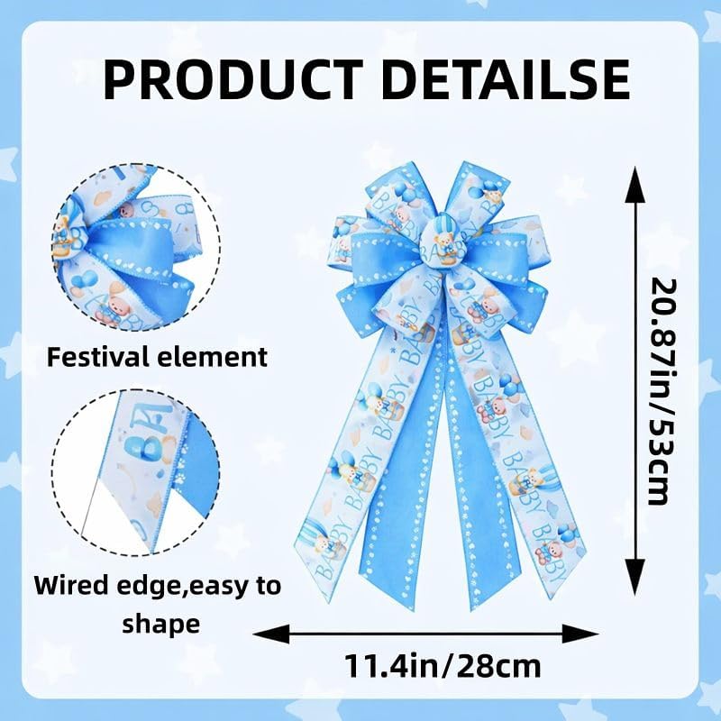 Skiennix Large Baby Shower Bows - 20x11 Inch Baby Blue Decorative Ribbons for Wreaths & Home Decor