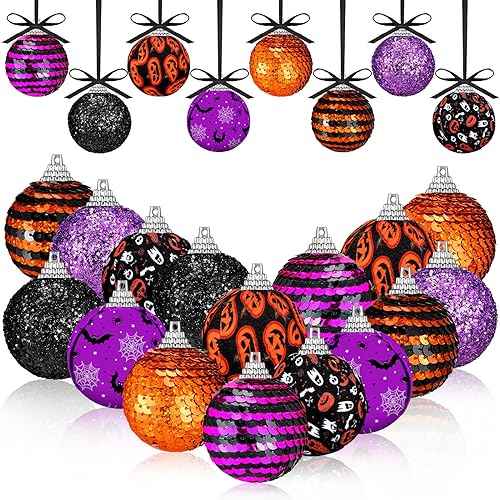 Zeyune 16 Pcs Halloween Ball Ornaments for Tree 2 Inch Halloween Tree Decorations Pumpkin Ghost Bat Spider Glitter Ornaments with Sequins for Holiday Party Decor
