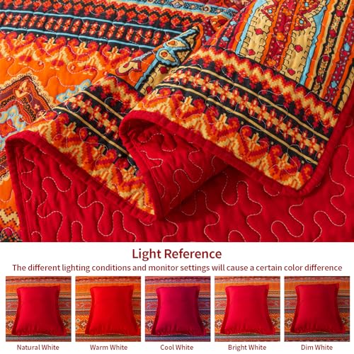 California King Size Quilted Bedding Set with Striped Red-Orange Design - 100% Cotton Face