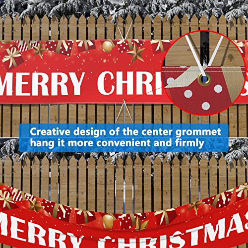 Probsin Large Merry Christmas Banner 120" x 20" Xmas Outdoor Decorations Double Printed Red Stars Presents Yard Sign Holiday Party Supplies Backdrop Home Decor for Garden House Fence Garage Indoor