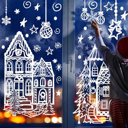 DIYDEC 15.7 * 27.5'' Large Christmas Window Stickers 4 Sheets White House Xmas Window Clings for Glass Decoration Snowman Snowflake Double-Sided Window Decals for Christmas Holiday Party Ornament