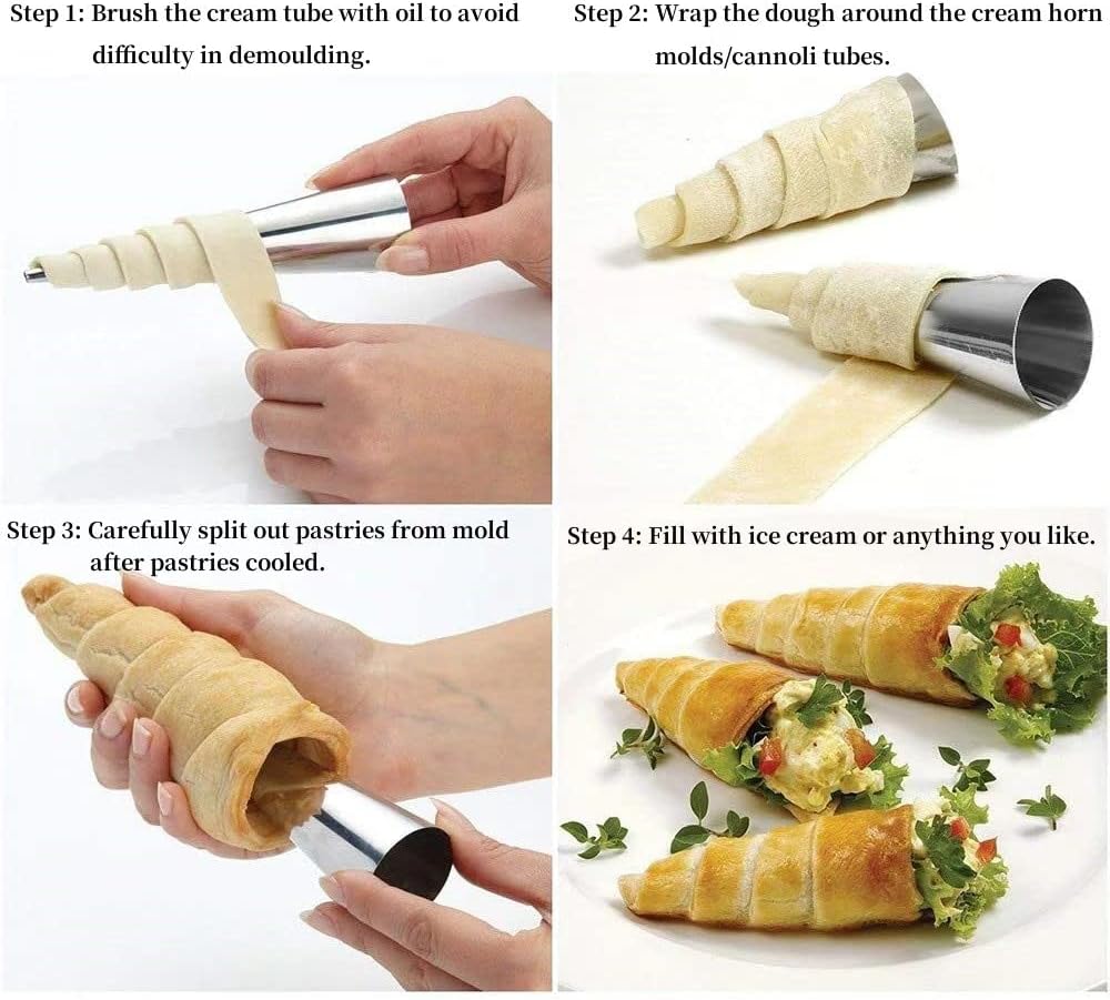 Skiennix 10-Pack Large Cream Horn Forms - Non-Stick 5-Inch Pastry Moulds for Croissants & Desserts