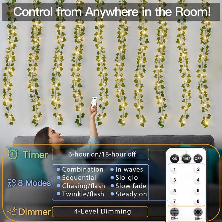 Vine Lights for Bedroom - 200 LED Ivy Curtain Lights Plug-In with Remote - Variation of Ivy / Plug In-200led