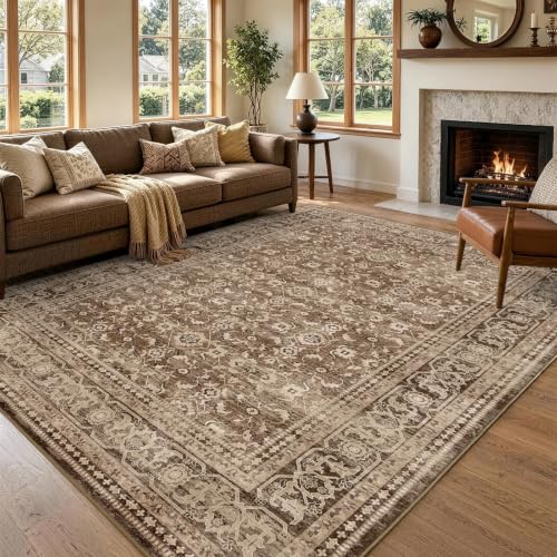 6' x 9' Rectangular Area Rug - Vintage Floral Design, Non-Slip, Machine Washable, Brown