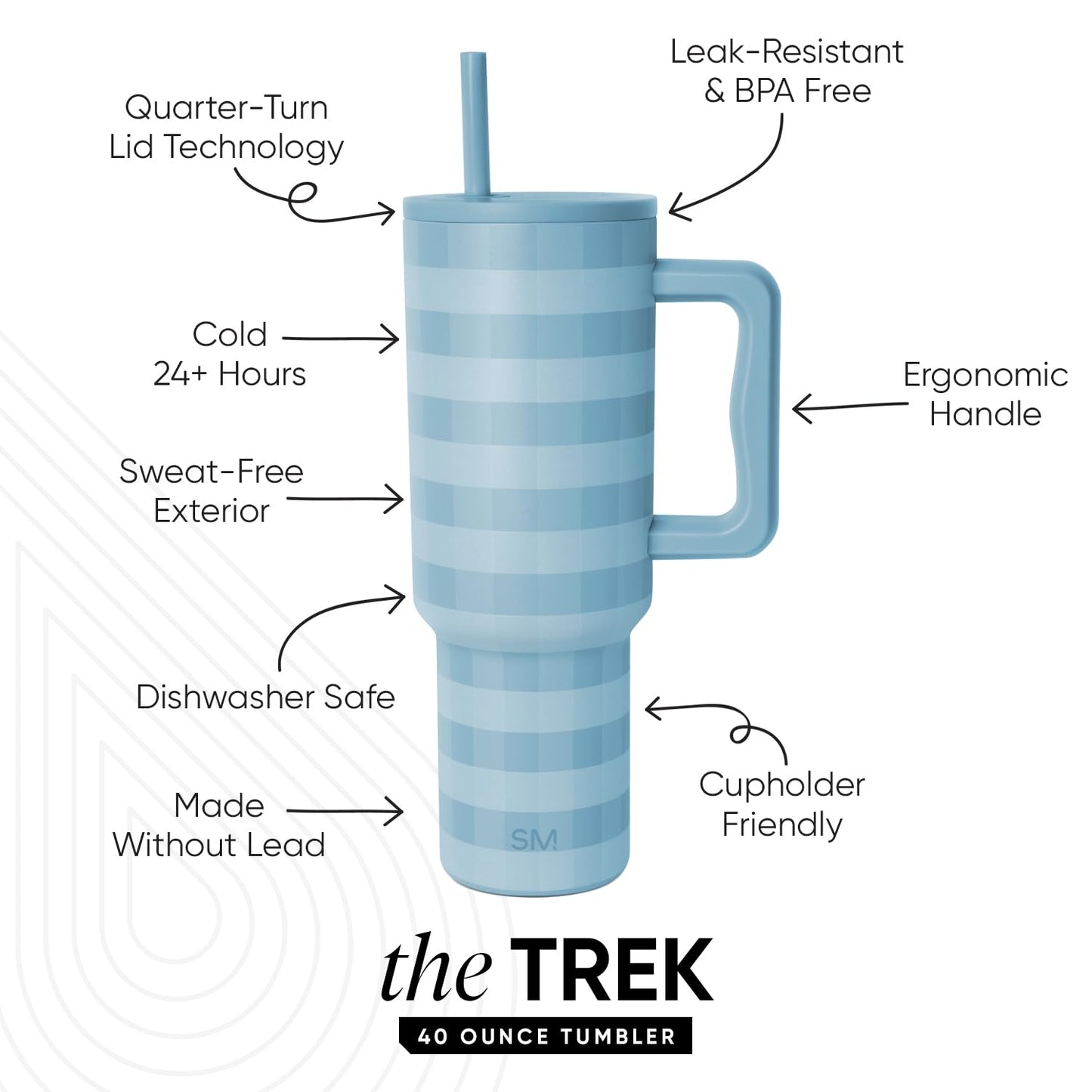 Simple Modern 40 oz Trek Tumbler with Handle and Straw Lid | Cup Holder Friendly Insulated Stainless Steel Travel Mug | Blue Jay Gingham