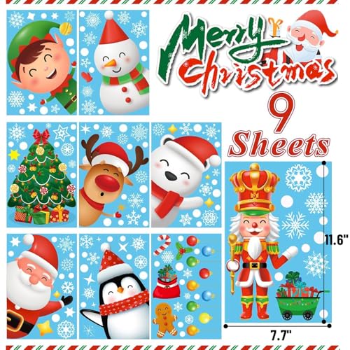 9 Sheets 200+Pcs Christmas Window Stickers Xmas Decals for Glass Snowflake Santa Claus Reindeer Christm Tree Window Cling Sticker for Decorations