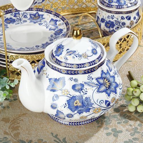 Fanquare Blue Vine Porcelain Tea Set for 6 with Teapot & Gold Rack, British Style
