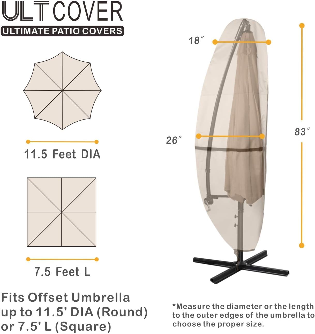 ULTCOVER Patio Umbrella Cover - 600D Waterproof Protection for Offset Umbrellas 7.5-11.5 Feet