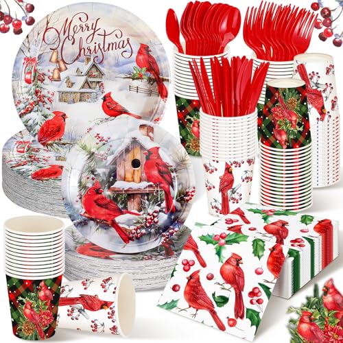 Christmas Disposable Dinnerware Set for 50 Guests with Plates Cups & Cutlery