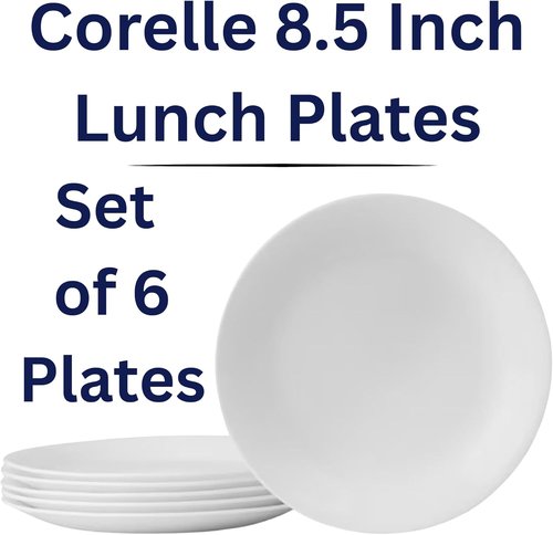 Corelle 8.5-Inch Lunch Plates - Set of 6 | Lightweight Vitrelle Glass, Chip & Crack Resistant, White