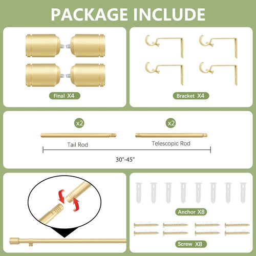 Adjustable Gold Curtain Rods by [Brand Name] | 5/8” Diameter, 30-45 Inch for Small Windows | 2 Pack with Brackets