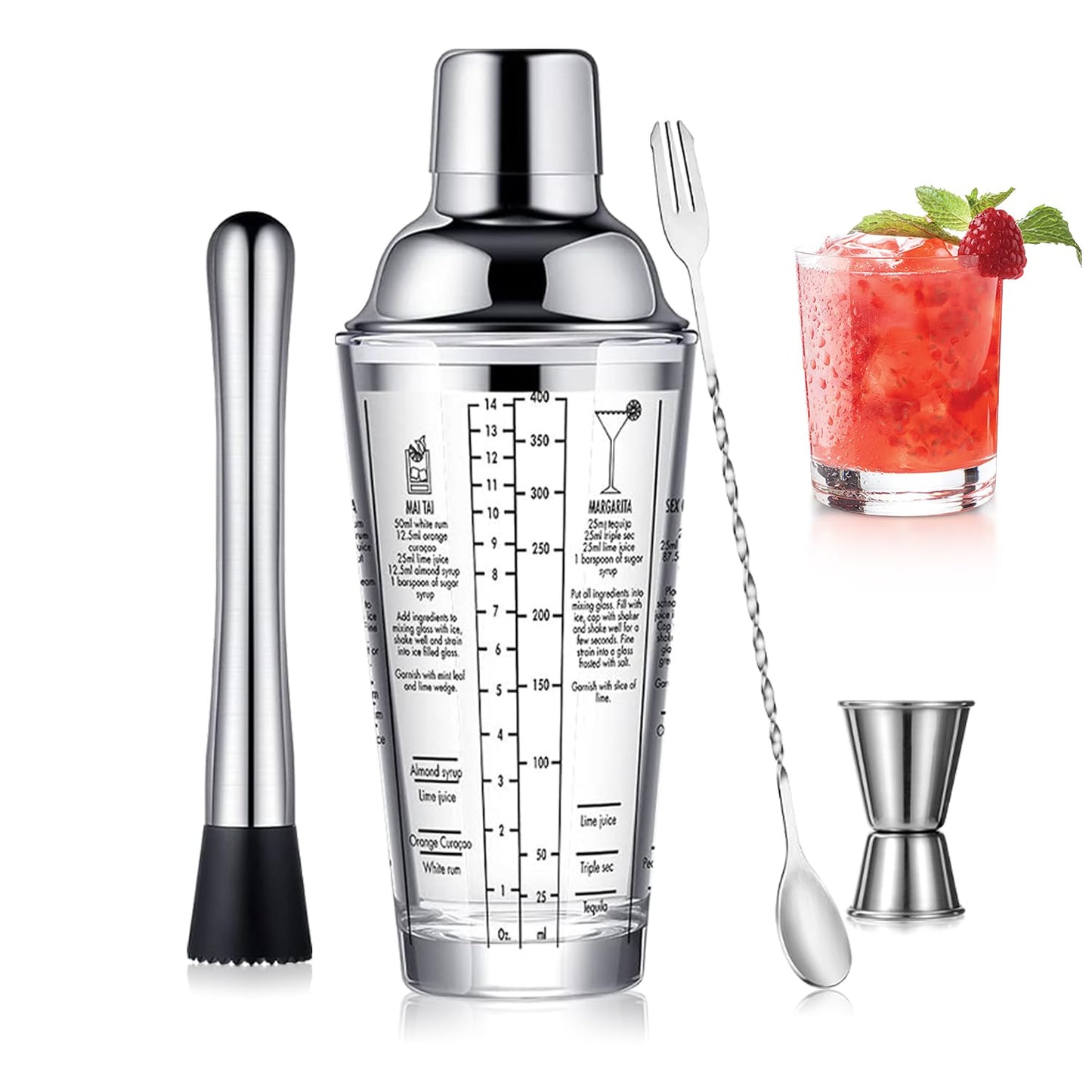 OBALY Glass Cocktail Shaker Stainless Steel Leak-Proof Lid Boston Shaker Martini Shaker Beginner Bartender Kit with Jigger 22oz Mixed Drink Shaker with Measurements Ice Shaker Mixing Glass Bar Tools