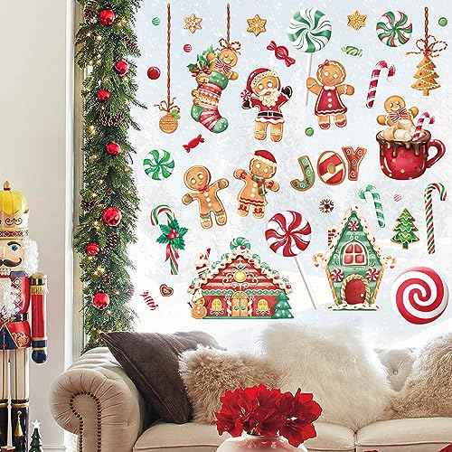 Wondever Gingerbread Man Wall Stickers - Peppermint Candy Cookie & Christmas Window Wall Art Decals for Party & Kitchen
