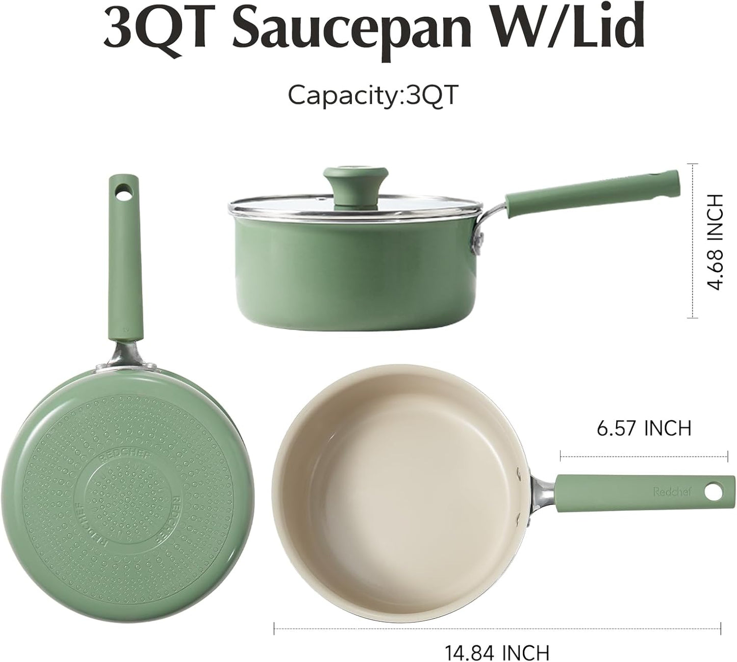 Redchef Ceramic Nonstick Saucepan - 3QT PFAS-Free Cooking Pot with Lid & Cool Handle | Green