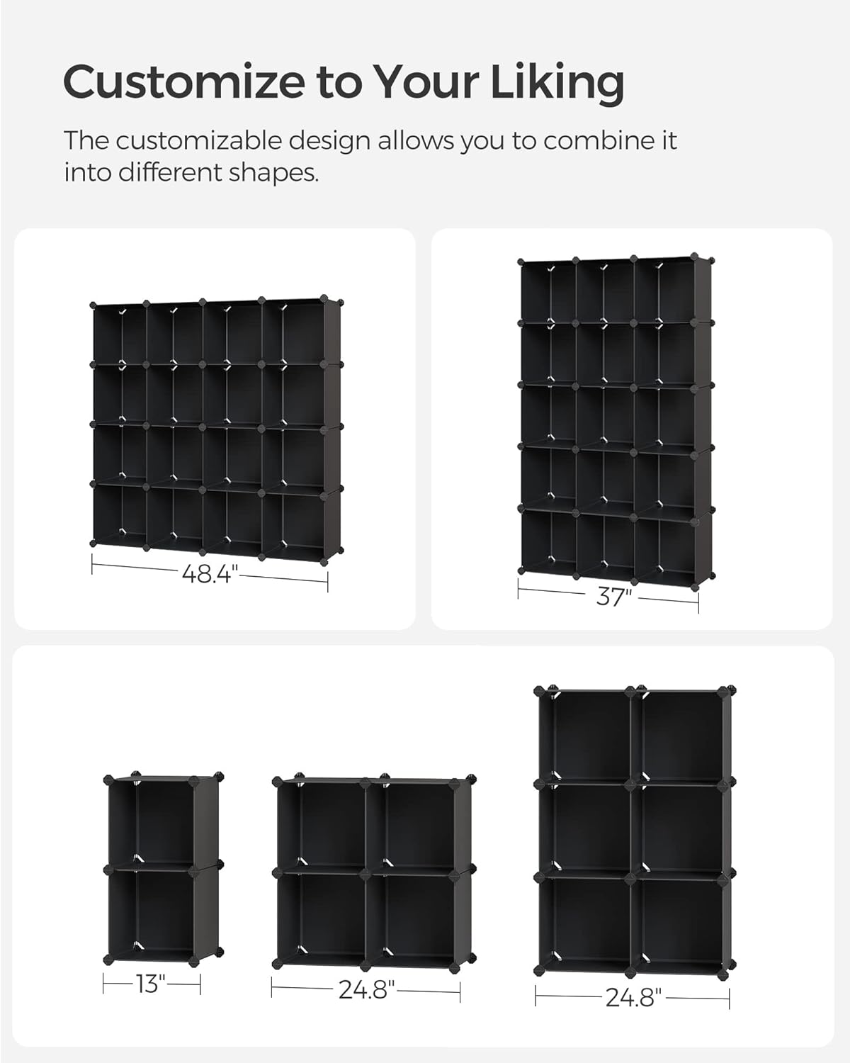 SONGMICS Cube Storage Organizer - Set of 16 Plastic Cubes for Room Organization | 12.2 x 48.4 x 48.4 Inches, Black