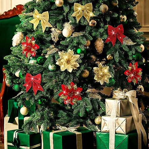 36Pcs Poinsettia Christmas Ornaments Set with Bows for Tree, Wreath & Centerpiece