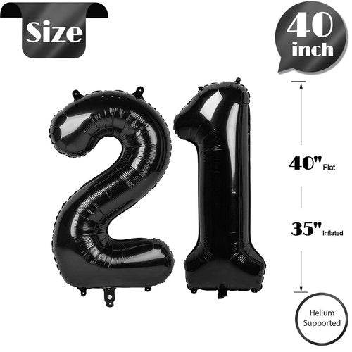 Black Number 21 Balloon 40 Inch, 21st Birthday Party Decorations for Children, Giant 21 Foil Balloon for Party Supplies