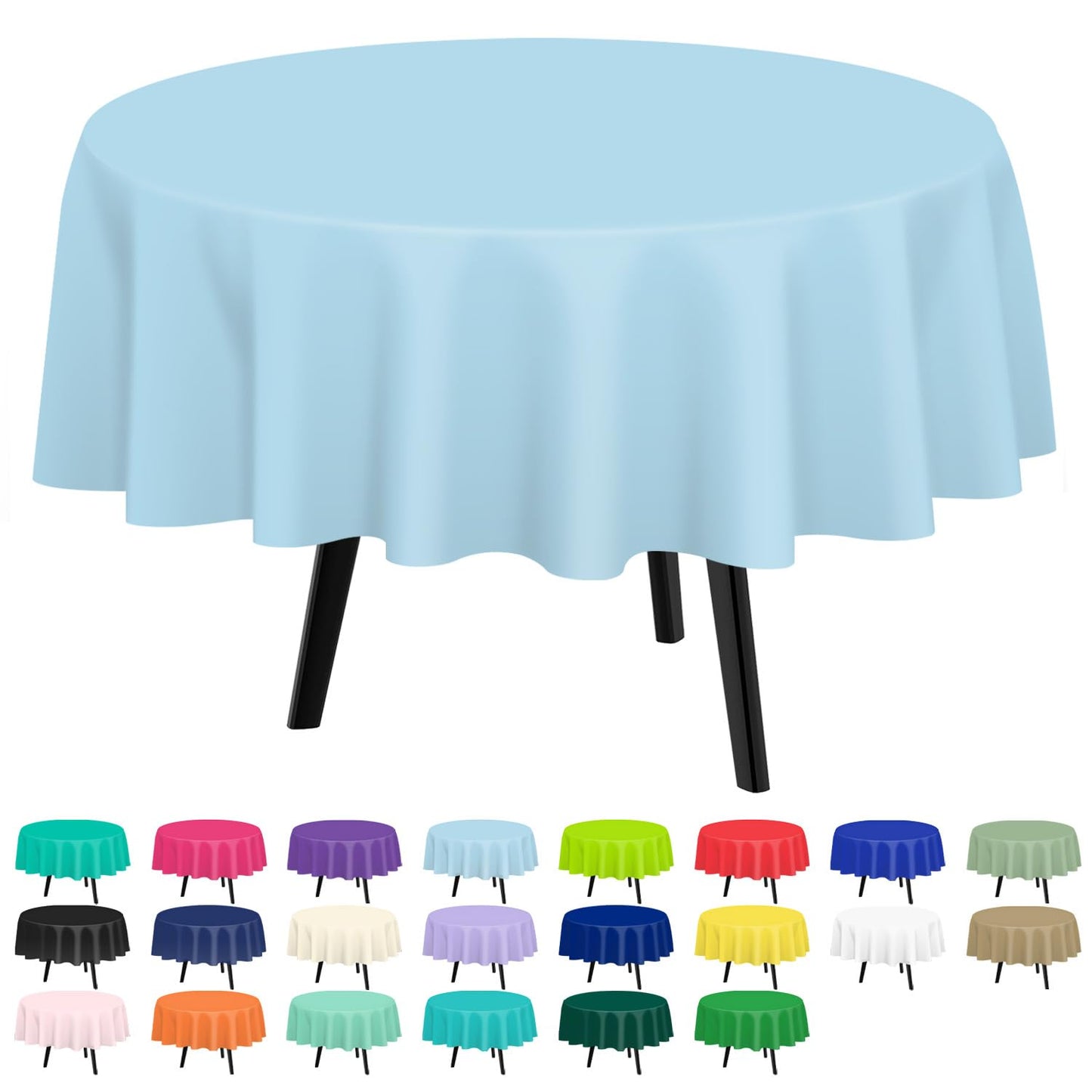 QIKSION Light Blue Round Tablecloth 2 Pack, 84 Inch Plastic Table Cover Disposable for Parties