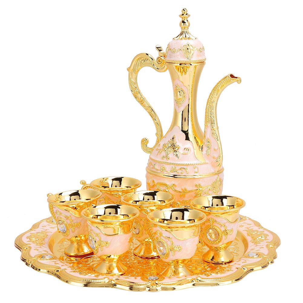 LIZEALUCKY Vintage Metal Turkish Coffee Pot Set Turkish Tea Set with 6 Luxury Coffee Cups and Craft Tea Tray Teapot for Serving Tea Zamzam Coffee Cappuccino, Turkish Teapot for Wedding Gift(Gold)