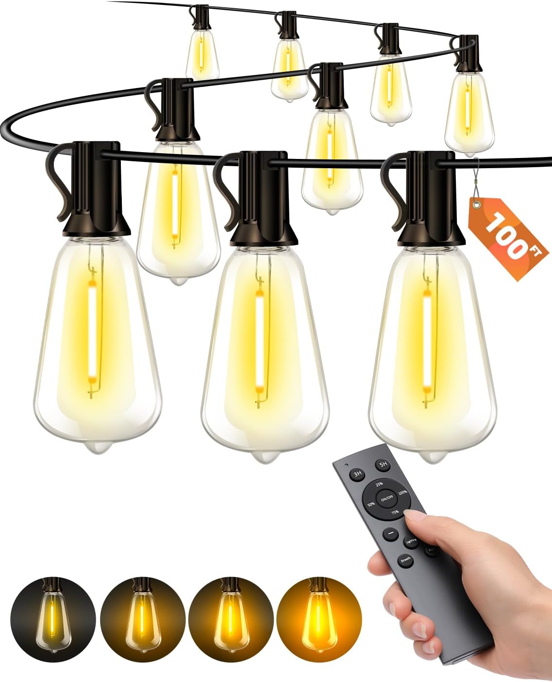 Skiennix Outdoor Patio String Lights - 100Ft Waterproof Remote Dimmable ST38 Bulbs | Perfect for Backyard Parties