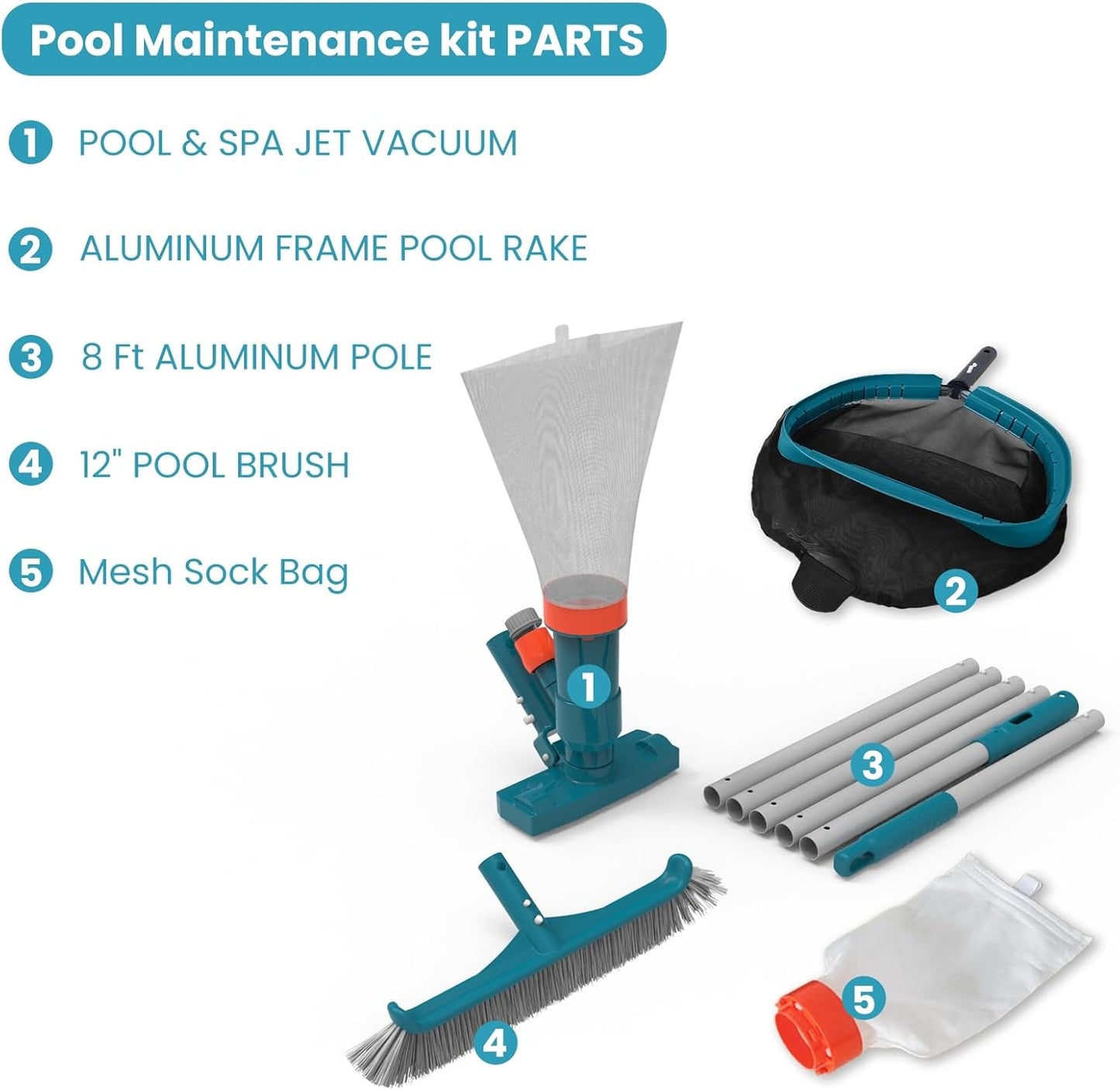 Skiennix Above Ground Pool Cleaning Kit - Vacuum, Leaf Rake, Wall Brush & 8Ft Pole for Easy Debris Removal