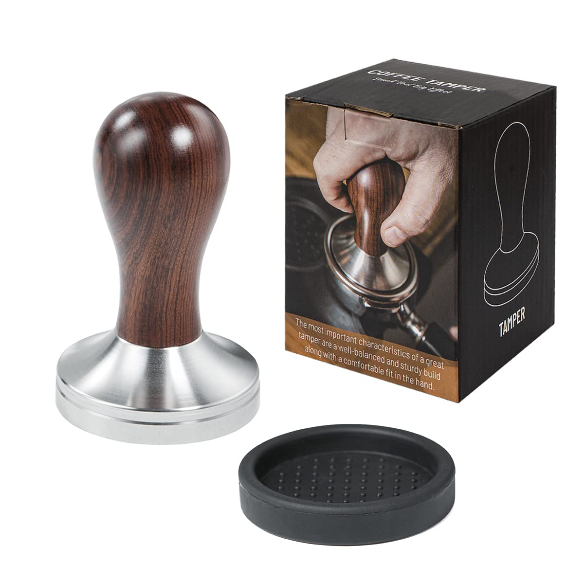 USEAMIE Coffee Tamper Espresso Press with Tamper Mat 304 Stainless Steel Flat Base Wooden Handle for Coffee Grounds Barista Espresso Machines Accessory (51MM)