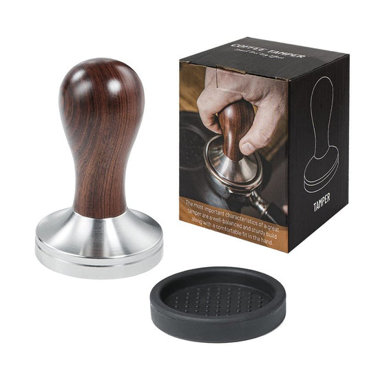USEAMIE Coffee Tamper Espresso Press with Tamper Mat 304 Stainless Steel Flat Base Wooden Handle for Coffee Grounds Barista Espresso Machines Accessory (51MM)