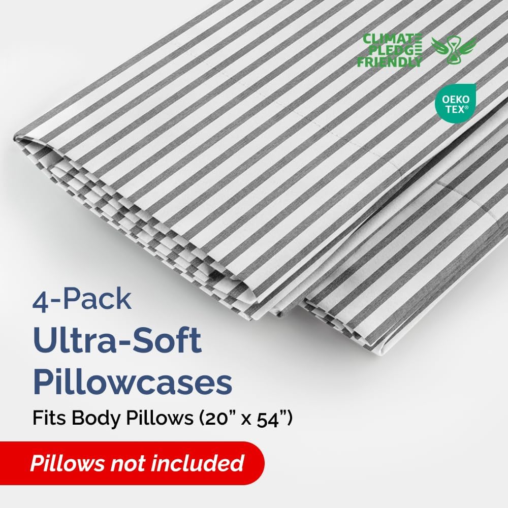 Skiennix Body Pillowcases Set of 4 | Soft, Breathable 20x54 Long Pillow Covers - Grey Stripes, Machine Washable