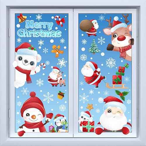 192Pcs Christmas Window Clings for Glass Windows, 9 Sheet Christmas Window Stickers Santa Claus Snowman Reindeer for Xmas Holiday Indoor Decals Party Supplies