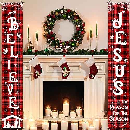 Tiamon Christmas Front Porch Banners Winter Religious Nativity Scene Sign Holiday Hanging Banner Xmas Decoration for Front Door Believe Jesus Is the Reason for the Season 12 x 71 Inch