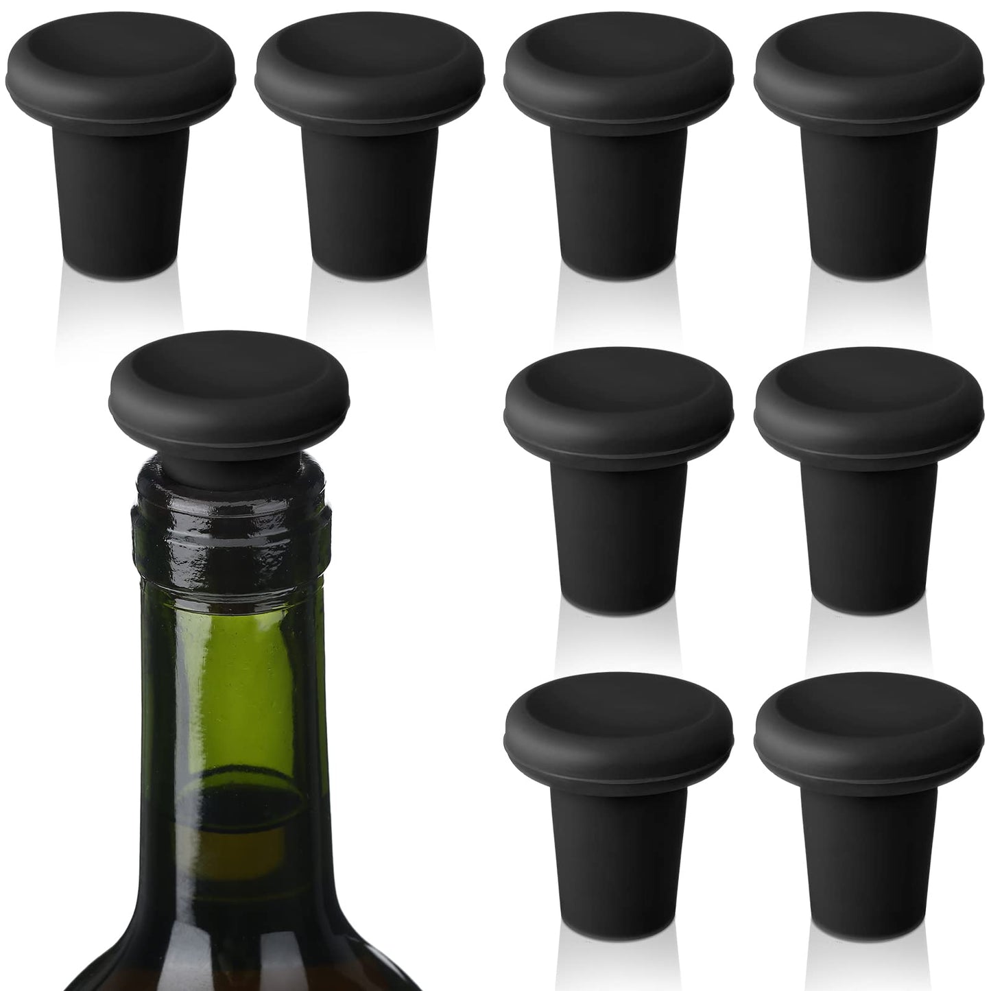 Yookeer 8 Pcs Wine Stoppers Silicone Beer Bottle Sealer Stoppers Glass Bottles Corks Beverage Beer Champagne Wine Storage Keep Fresh Tools for Wedding Party Christmas Supplies(Black)