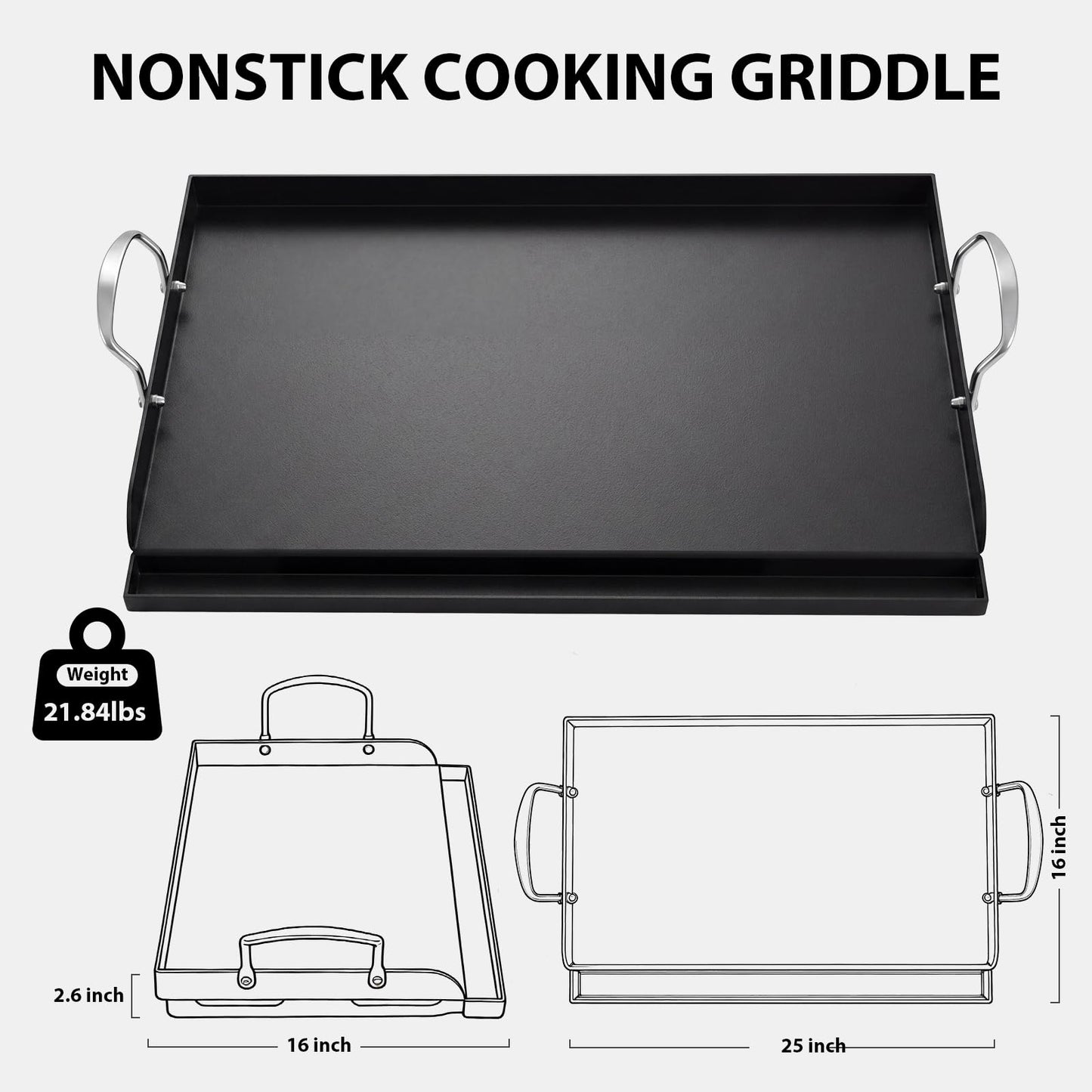 Utheer 25" x 16" Pre-Seasoned Nonstick Cast Iron Griddle for Gas & Charcoal Grills – Universal Flat Top with Grease Groove, Reinforced Ridges & High Sidewalls, Great for Parties, Camping & Tailgating