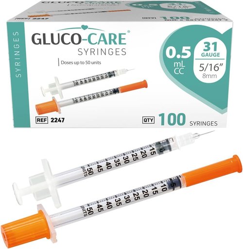 GLUCO-CARE 31G x 5/16’’ Syringes - 0.5 ml/cc, 100 Count for Precise Insulin Delivery