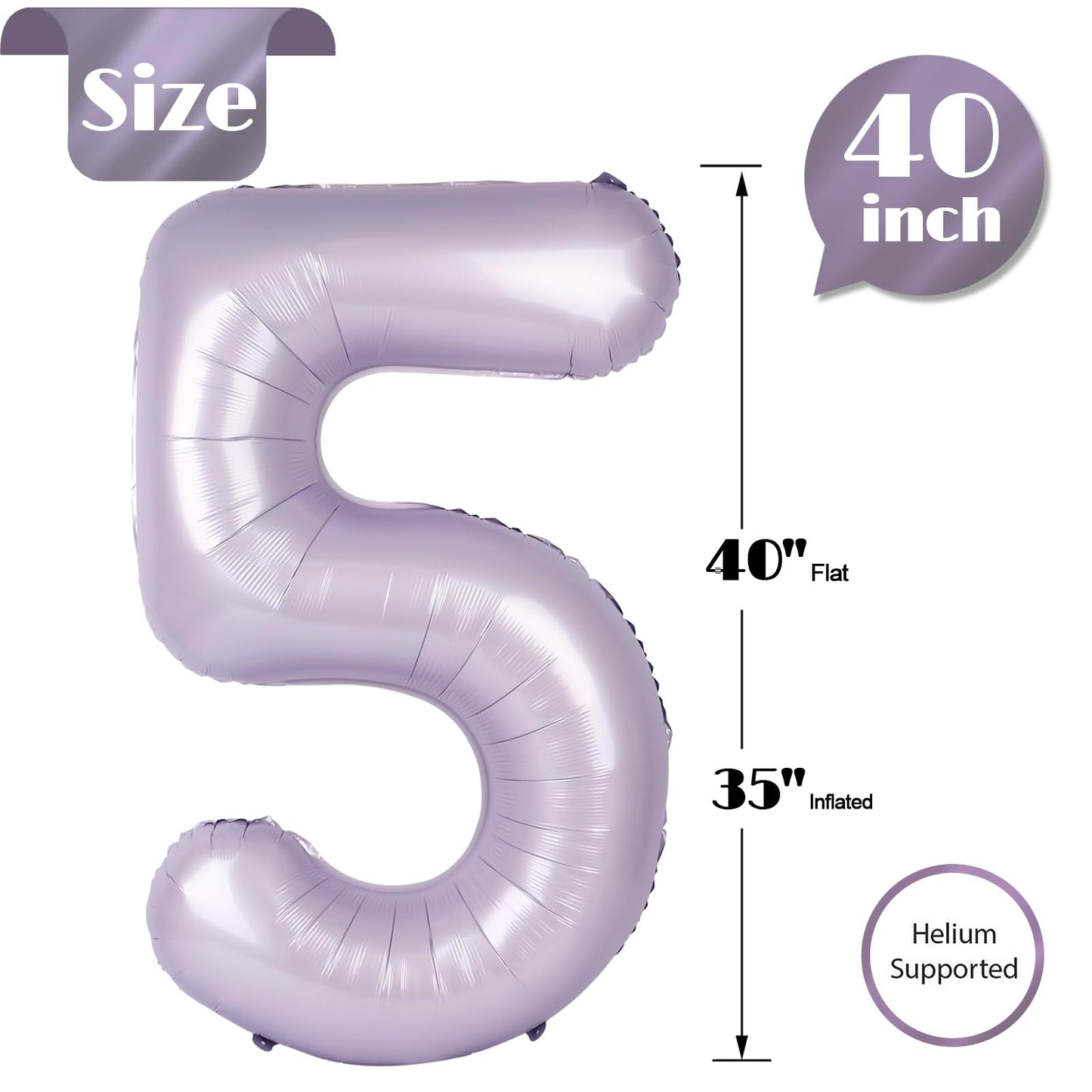 Lilac 5 Balloon, Number Balloons 40 Inch, 5th Birthday Balloon Decorations, Lavender Party Supplies, 5 Number Balloons, Number 5 Balloon