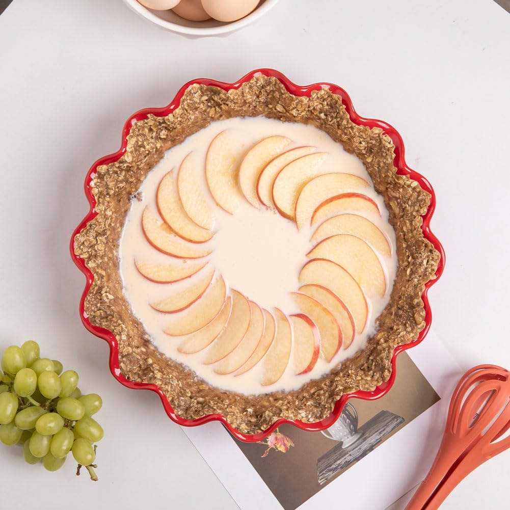 Sweejar Ceramic Pie Pan - 11.5 Inches Deep Fluted Non-Stick Baking Dish | Modern Farmhouse Design (Red)
