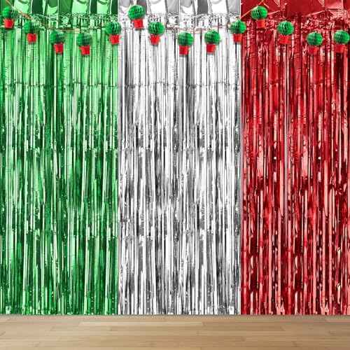 Kesote 3 Pack Green Red Silver Tinsel Foil Fringe Curtain Streamers for Christmas Holiday Party Decorations Photo Booth Props, 3.3Ft x 6.6Ft