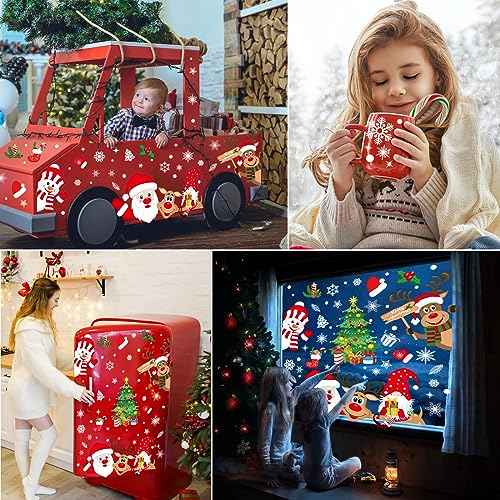 Christmas Window Stickers 267pcs Christmas Decals Reusable Double Sided Printed Self Adhesive Window Decorations Santa Claus,Moose,Snowman,Dwarfs,Xmas Tree and Snowflakes Window Clings,10 Sheet