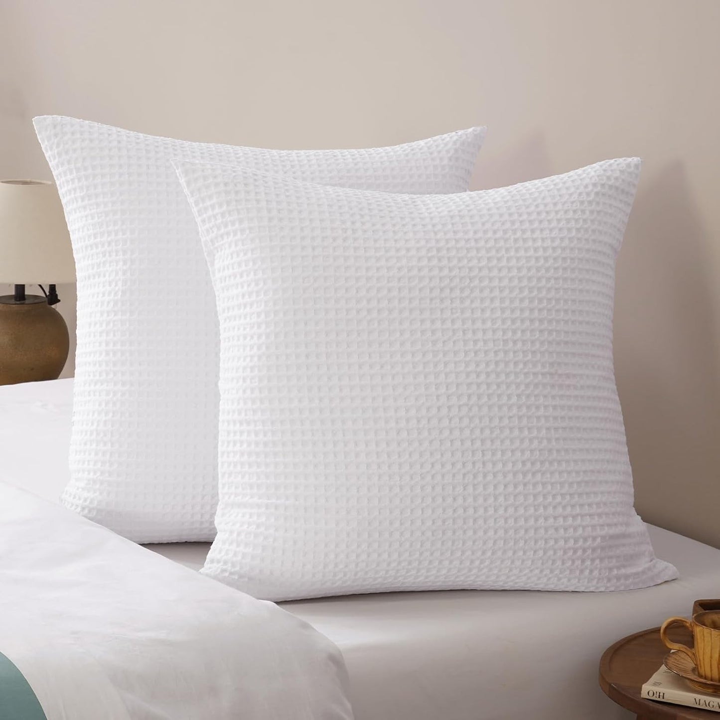 PHF Euro Shams Pillow Covers - Ultra Soft Waffle Weave, Breathable & Skin-Friendly, 26" x 26", White - 2 Pack