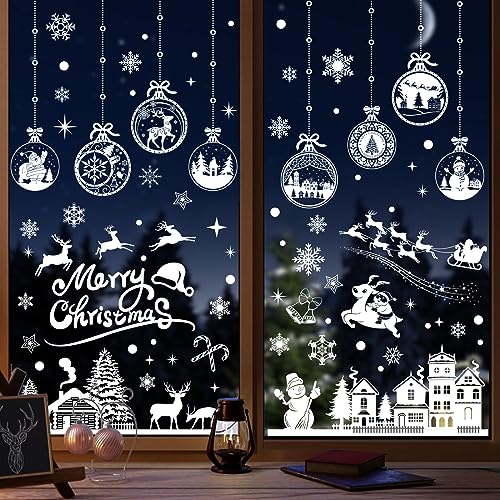 Enwokran Christmas Window White Stickers, 10 Sheet 245pcs Xmas Window Clings Decals Reusable Double Sided Printed Self Adhesive Window Decoration for Xmas Holiday Winter Party
