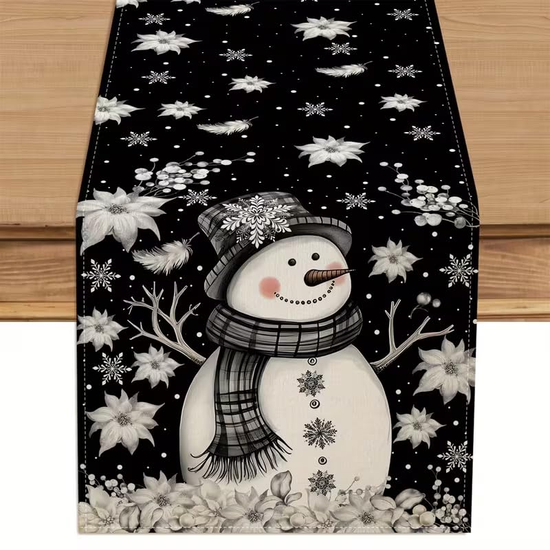 CQFusSTORE Xmas Snowman Feather White Floral Black Table Runner 13x72 Inch
