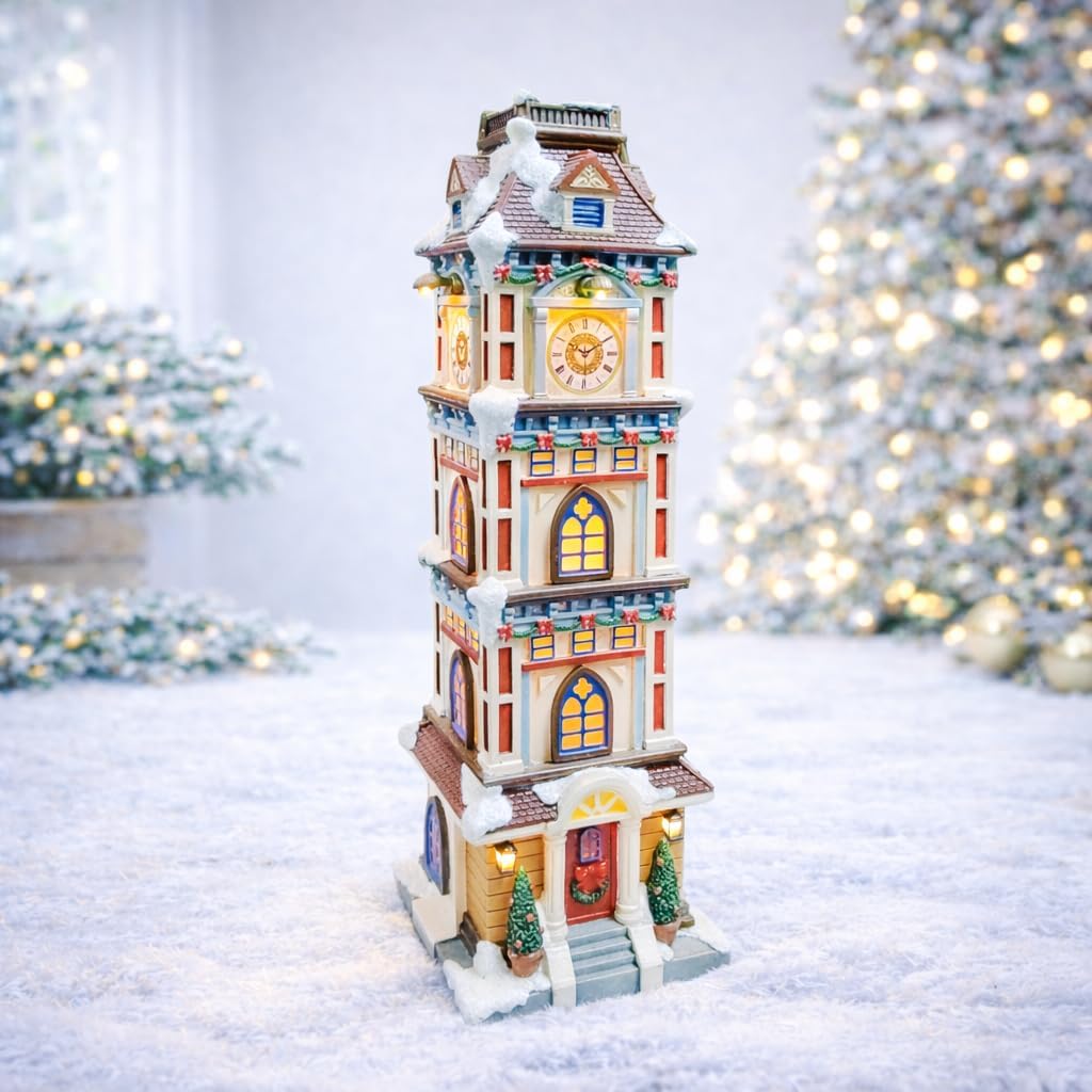 Moments In Time Lighted Christmas Clock Tower - 14.5” Hand-Painted Polyresin Village Décor | Elegant Holiday Gift