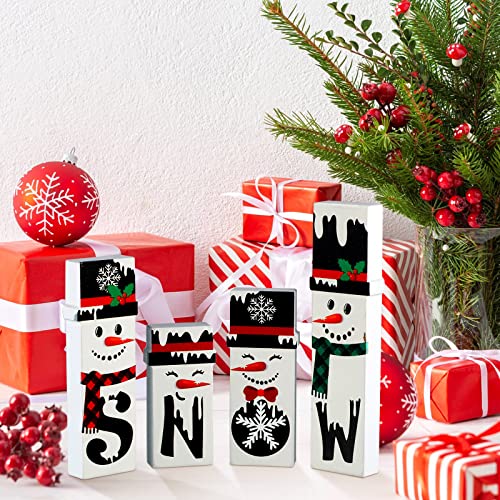 Qunclay 4 Pieces Winter Decor Wooden Snowman Tabletop Decorations Christmas Wooden Snowman Blocks Signs for Home Fireplace Mantle