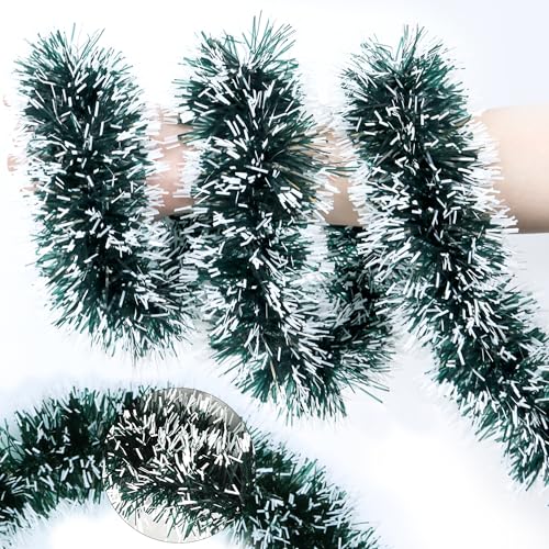Huyamap 50FT Green White Christmas Tinsel Garland Metallic Twist Xmas Decor