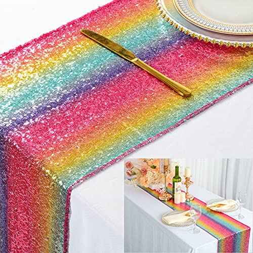 ShinyBeauty Sequin Table Runner 12x72 Inch Glitter Rainbow Sequin Tablecover Rectangle for Wedding Birthday Event Party Supplies (12x72, Colorful)