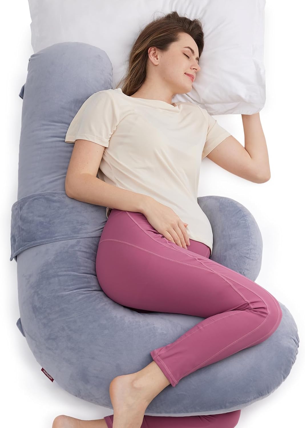Momcozy Pregnancy Pillow - Original F Shaped Maternity Pillow with Adjustable Wedge | Full Body Support, Grey Velvet Cover