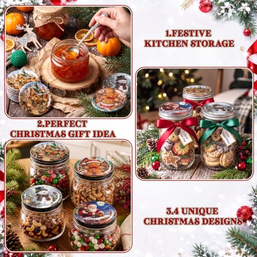 PullCrease 120 Pack Christmas Mason Jar Lids with Holiday Designs - Regular Mouth, Reusable, 70mm