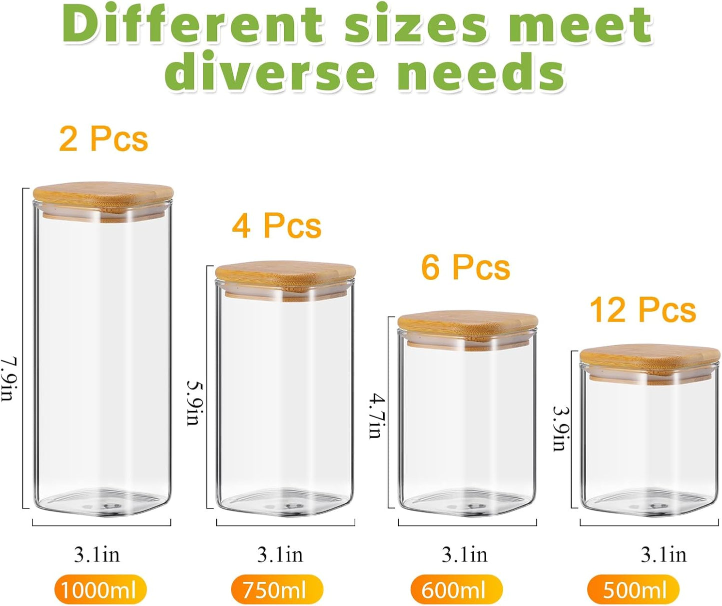 Qinyoung Glass Storage Jars - 24 Pcs Airtight Containers with Bamboo Lids | Clear Square, 4 Sizes (0.5-1 Qt) for Kitchen Organization