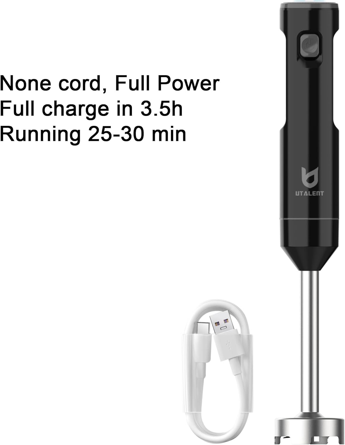 UTALENT Cordless Hand Blender - Variable Speed Immersion Blender with USB-C Charging | Black