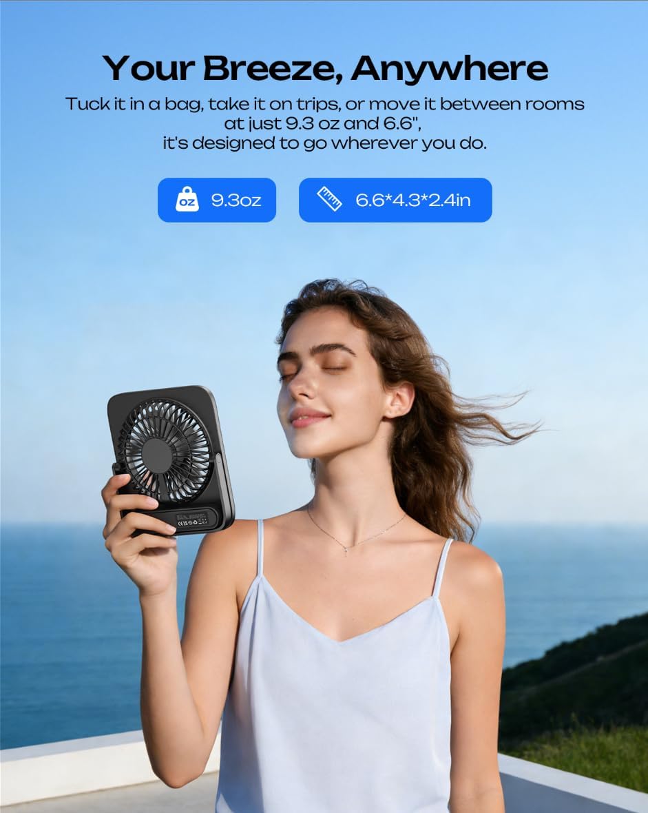 Otlonpe Portable Desk Fan - 4000mAh Rechargeable & USB Powered | Quiet 4-Speed, 6.5 Inch (Black)